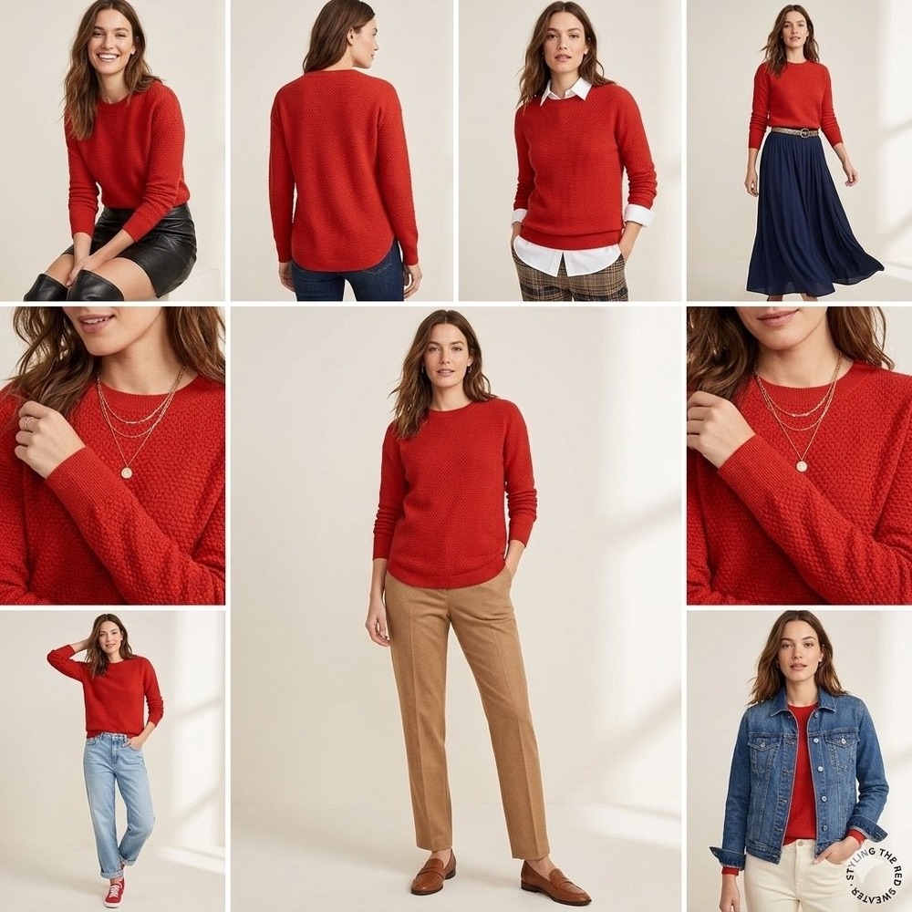 LOFT Petite Textured Crew Neck Long Sleeve Sweater Coral Red XS NWT